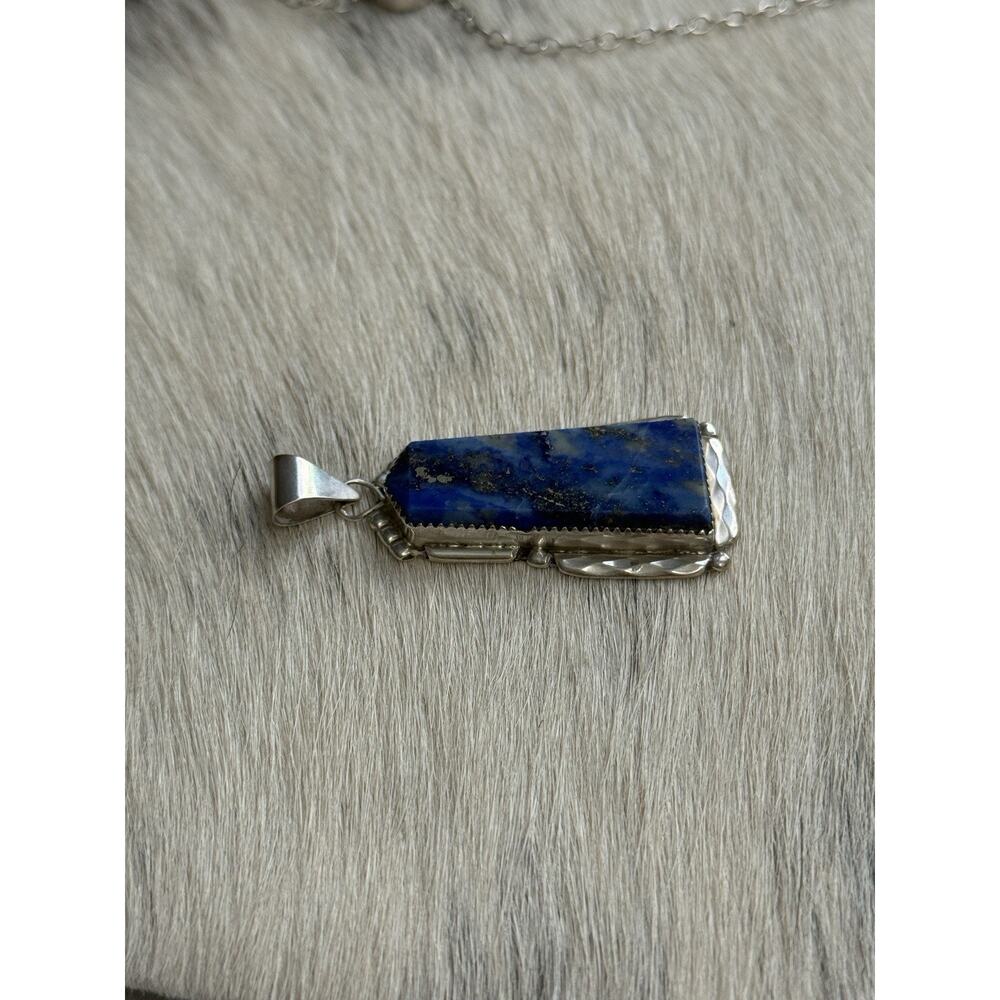 Zuni New Mexico Sterling Silver K. C. Signed Huge Lapis Lazuli Long Pendant - Picture 6 of 12